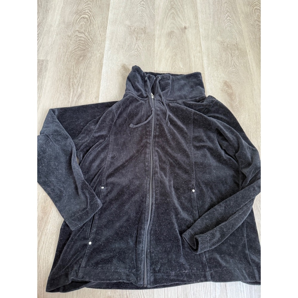 White Stag Womens Black Velour Zip Up Funnel Neck Jacket Large 12-14 RN 31762